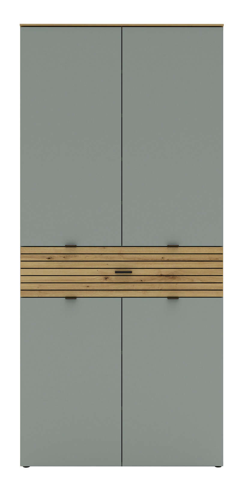 Frontansicht eines hohen XL-Schuhschranks mit grauen Türen und einem dekorativen Holzelement in der Mitte.
