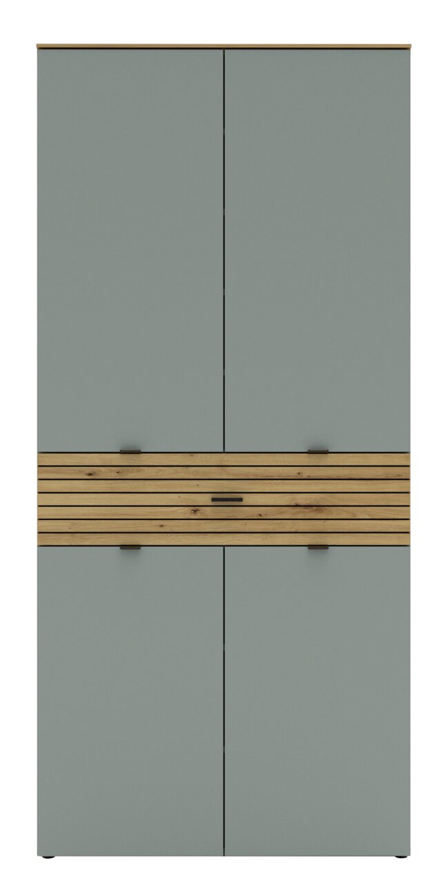 Frontansicht eines hohen XL-Schuhschranks mit grauen Türen und einem dekorativen Holzelement in der Mitte.