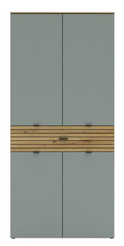 Frontansicht eines hohen XL-Schuhschranks mit grauen Türen und einem dekorativen Holzelement in der Mitte.