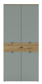 Frontansicht eines hohen XL-Schuhschranks mit grauen Türen und einem dekorativen Holzelement in der Mitte.