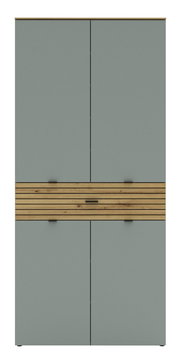 Frontansicht eines hohen XL-Schuhschranks mit grauen Türen und einem dekorativen Holzelement in der Mitte.