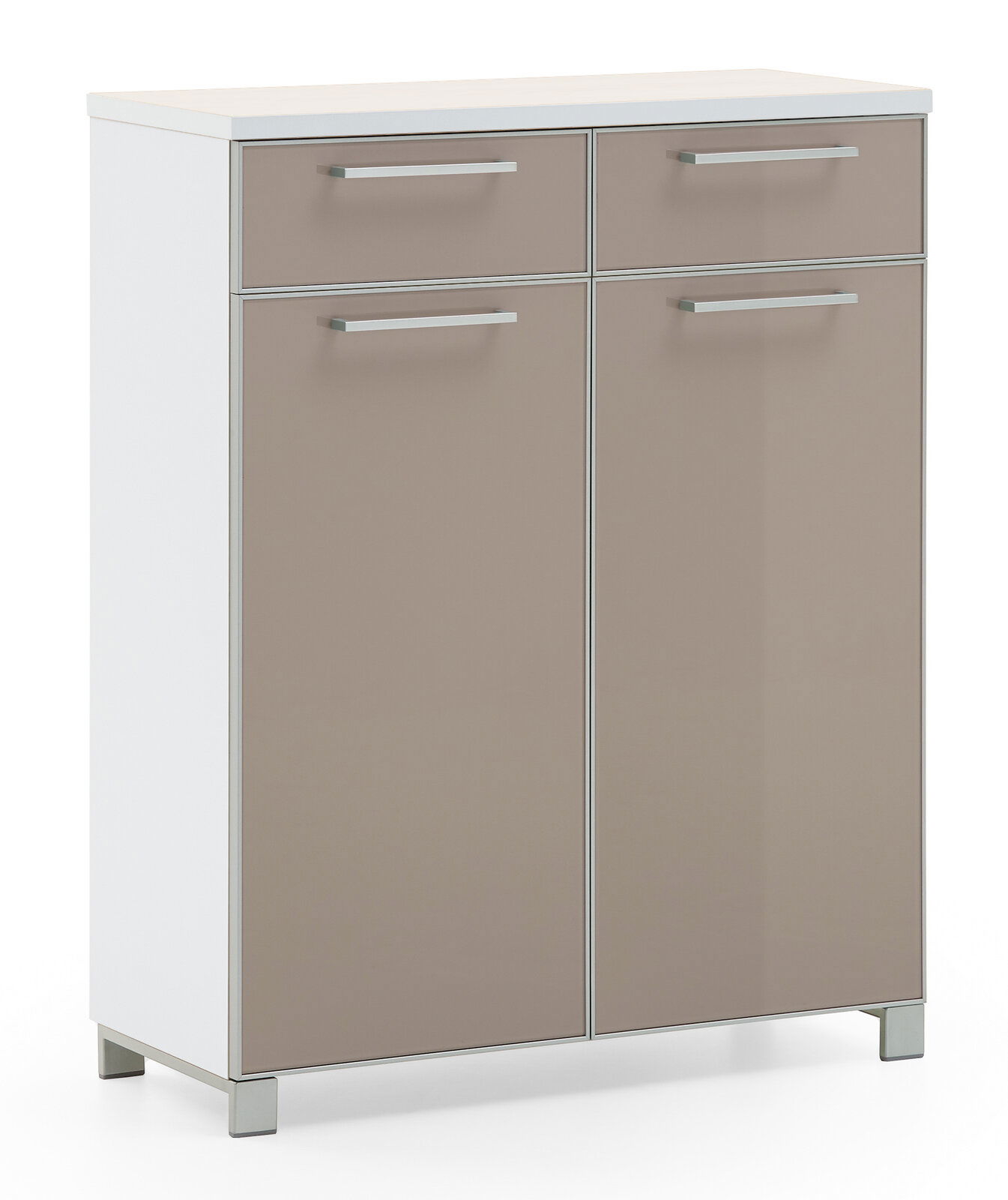 VOSS Schuhschrank SANTINA Moderner Schuhschrank mit zwei Schubladen und zwei Türen in Frontansicht, weißer Korpus und beige Fronten.