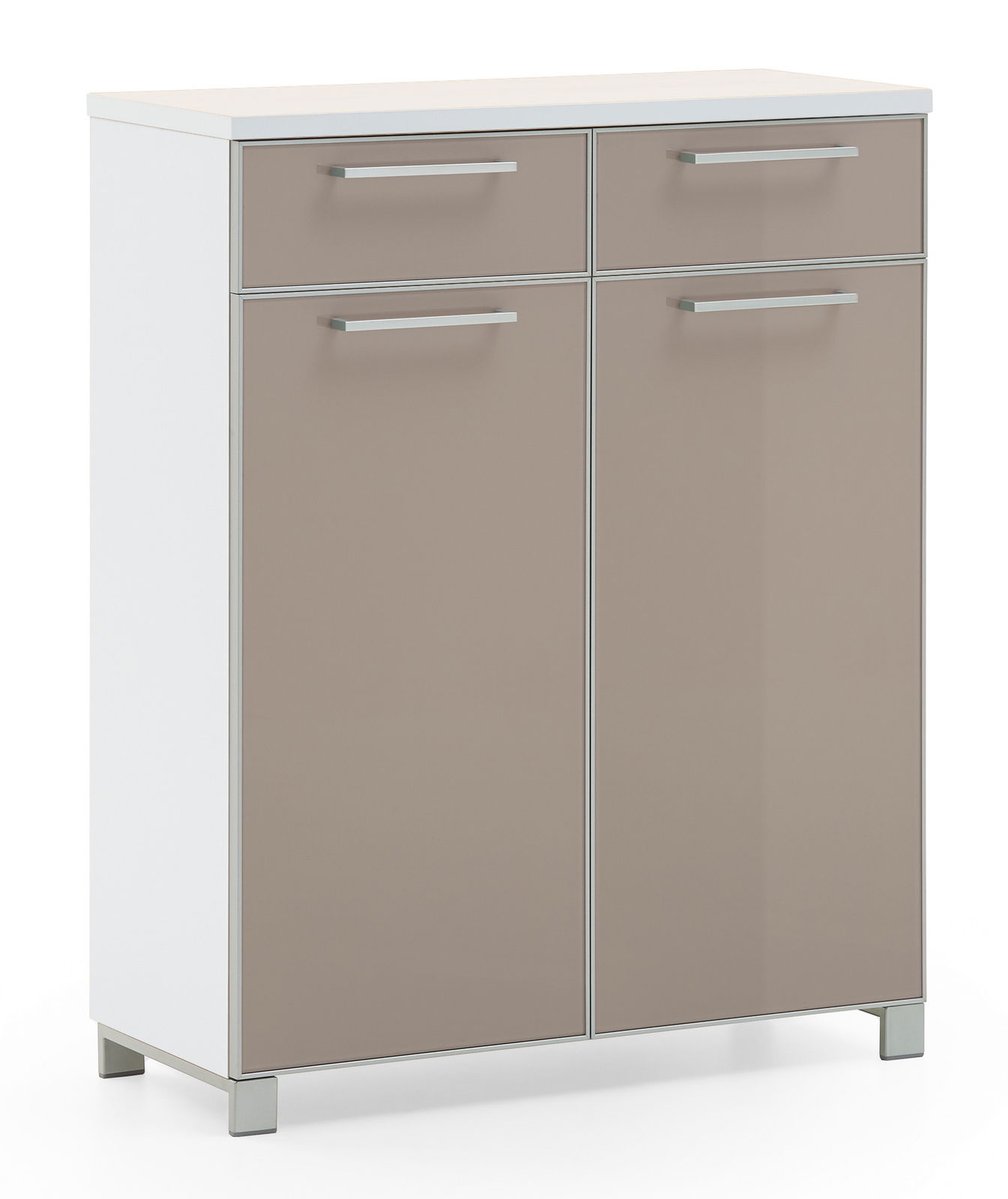 VOSS Schuhschrank SANTINA Moderner Schuhschrank mit zwei Schubladen und zwei Türen in Frontansicht, weißer Korpus und beige Fronten.