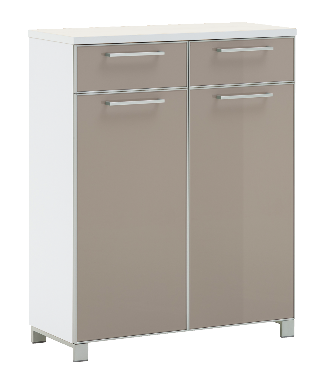 VOSS Schuhschrank SANTINA Moderner Schuhschrank mit zwei Schubladen und zwei Türen in Frontansicht, weißer Korpus und beige Fronten.