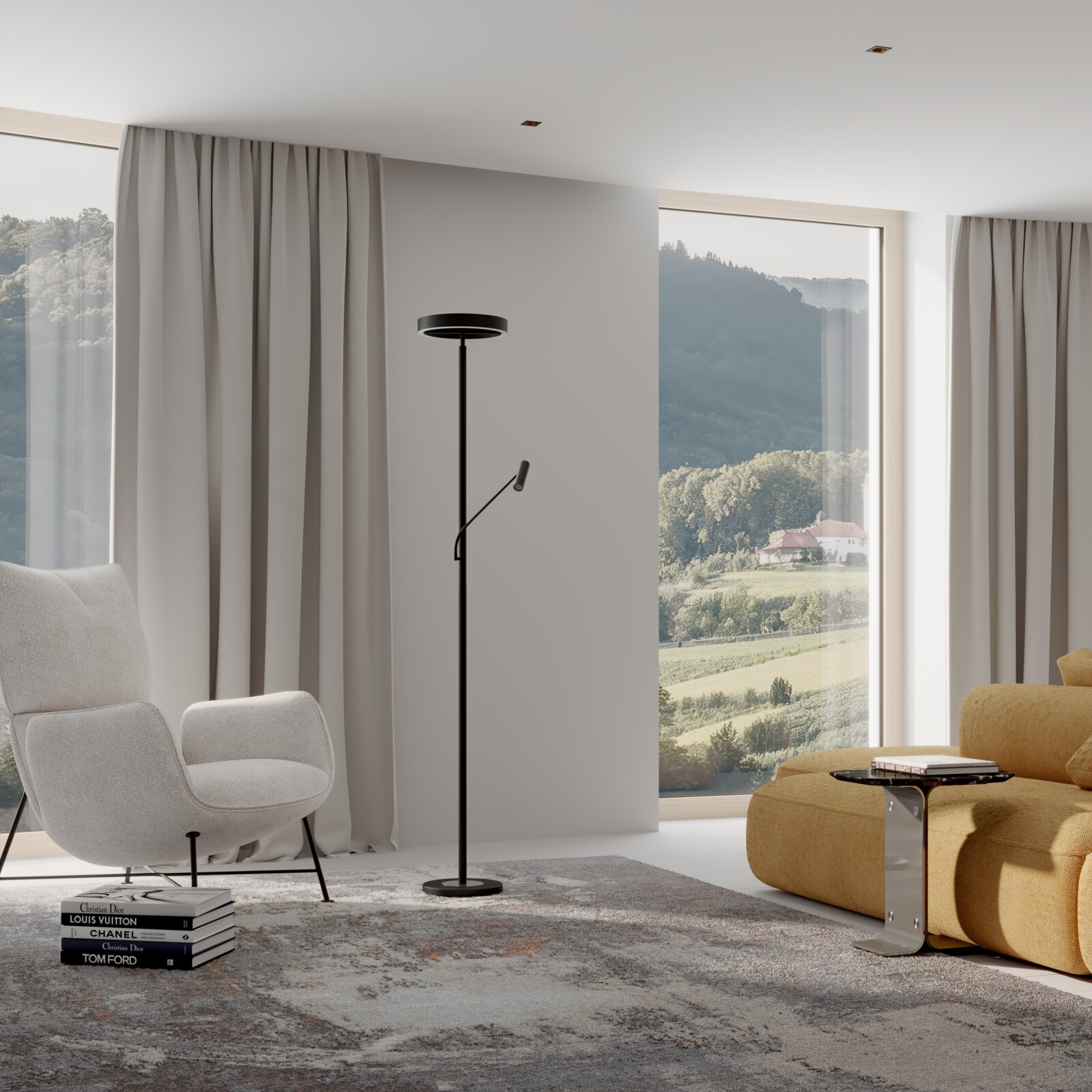 Novel LED-plafondspot STEHLEUCHTE Zwarte, minimalistische led-staande lamp met ronde lampkop en een kleine leesarm in een moderne woonkamer naast een fauteuil en een bank, vooraanzicht op ooghoogte