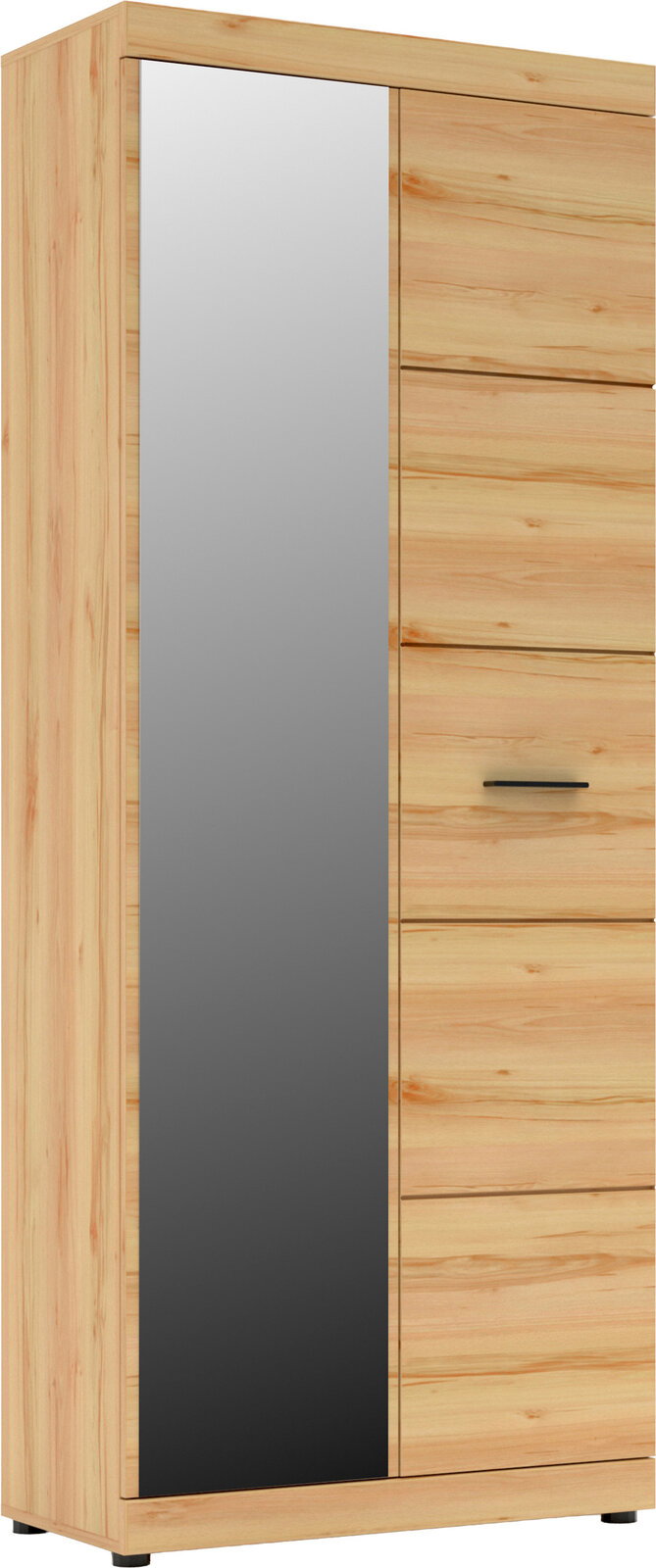 XORA XL-schoenenkast/garderobekast OHIO Hoher Kleiderschrank aus hellem Holz mit großer Spiegeltür links und Holztür mit schwarzem Griff rechts, freigestellt auf weißem Hintergrund, Ansicht von vorne.
