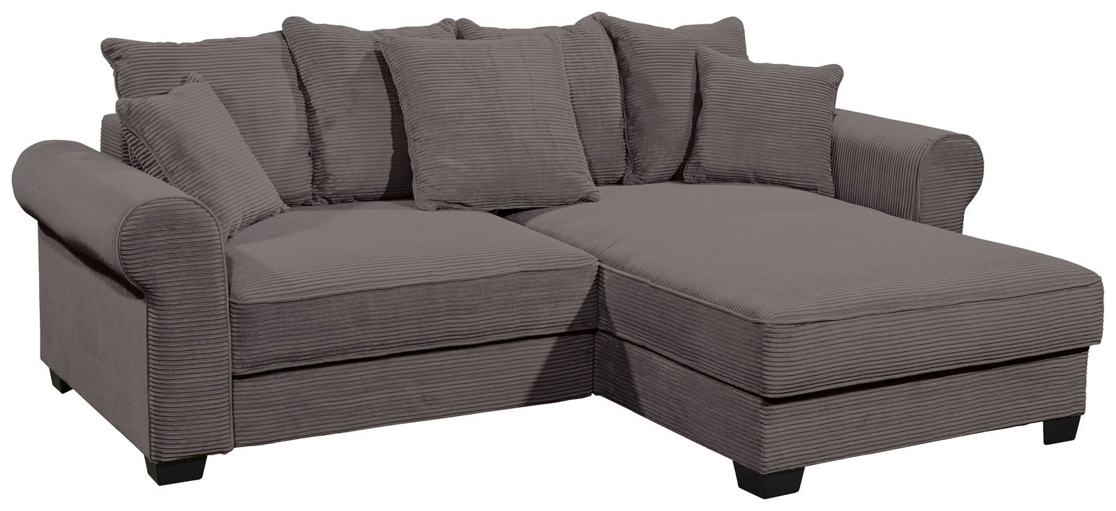 Hom´in Ecksofa MAUREEN Graue Rundecke mit mehreren Kissen, aus einer leicht erhöhten Perspektive fotografiert.