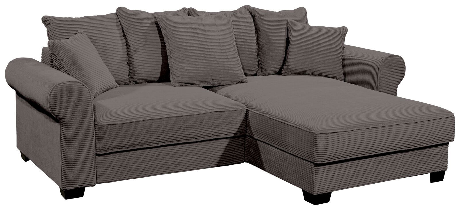 Hom´in Ecksofa MAUREEN Graue Rundecke mit mehreren Kissen, aus einer leicht erhöhten Perspektive fotografiert.