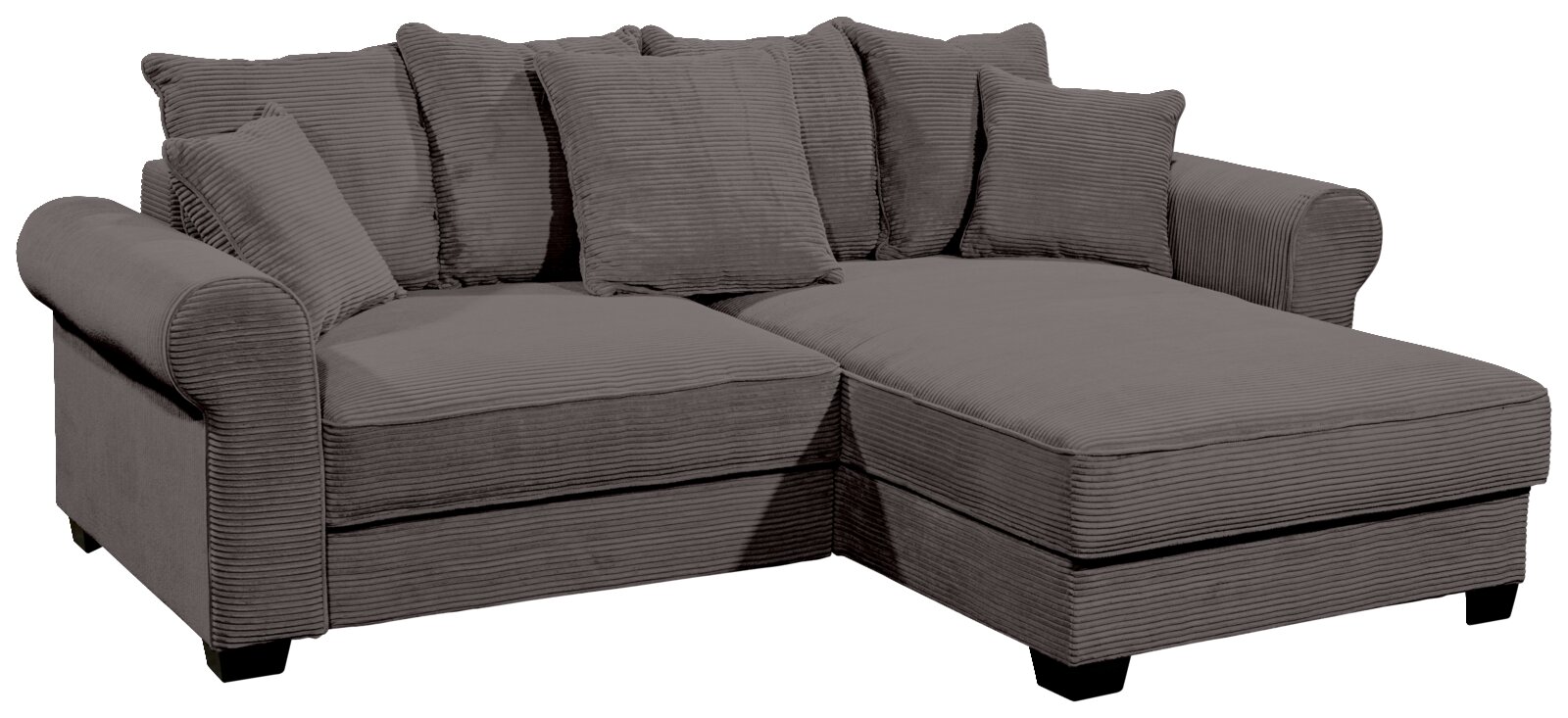 Hom´in Ecksofa MAUREEN Graue Rundecke mit mehreren Kissen, aus einer leicht erhöhten Perspektive fotografiert.