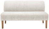 Vorderansicht einer cremefarbenen Sitzbank mit Holzbeinen und geripptem Stoffbezug.