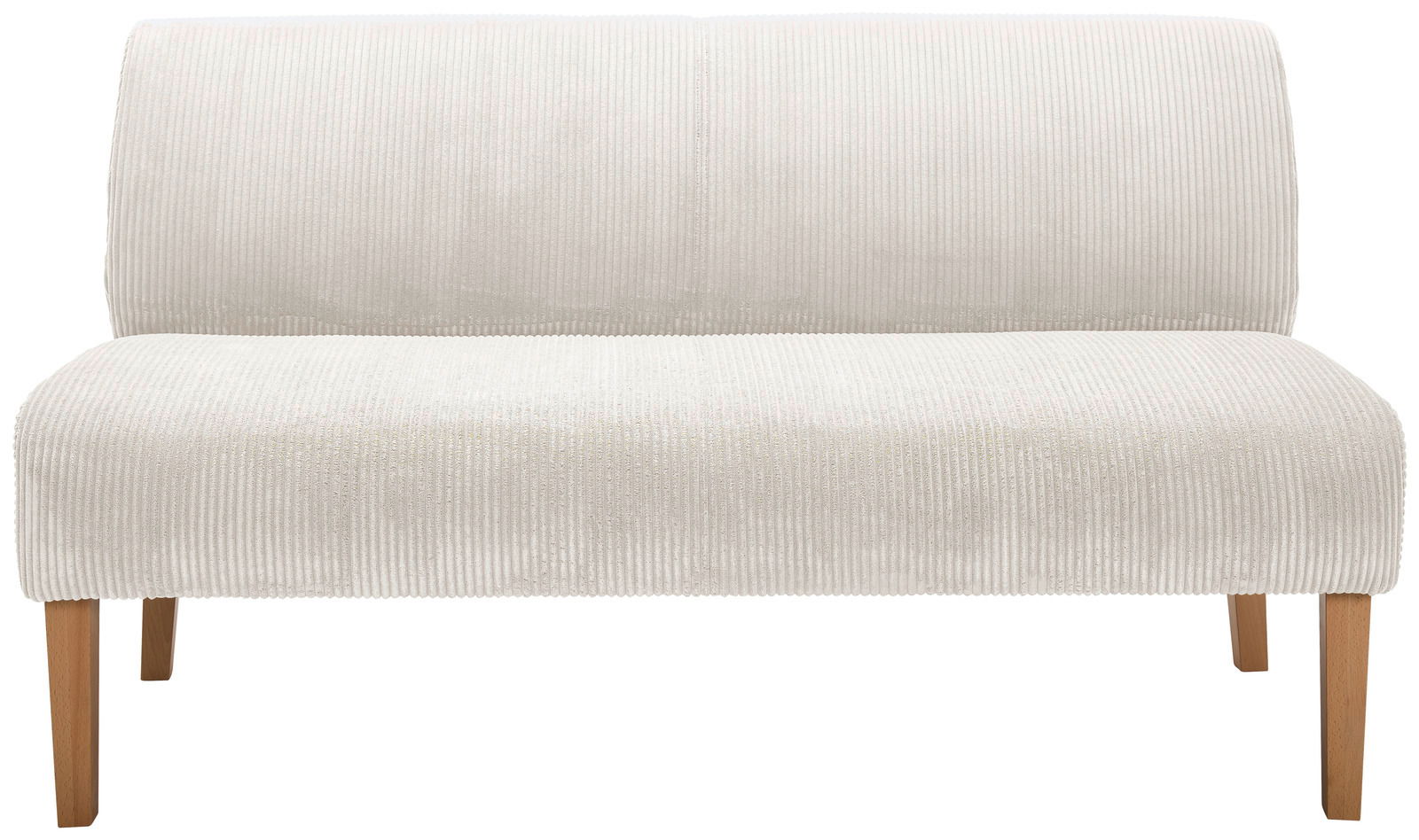 Vorderansicht einer cremefarbenen Sitzbank mit Holzbeinen und geripptem Stoffbezug.