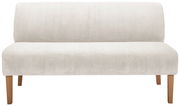 Vorderansicht einer cremefarbenen Sitzbank mit Holzbeinen und geripptem Stoffbezug.