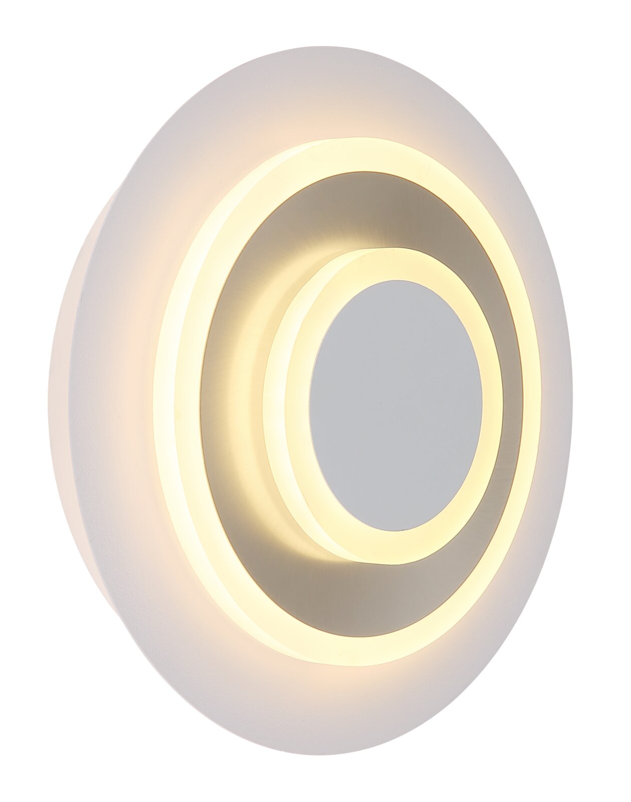 Moderne runde LED-Deckenleuchte mit zwei konzentrischen Licht-Ringen, warmweiß leuchtend, in Weiß und gebürstetem Metall, frontal von unten auf weißem Hintergrund fotografiert