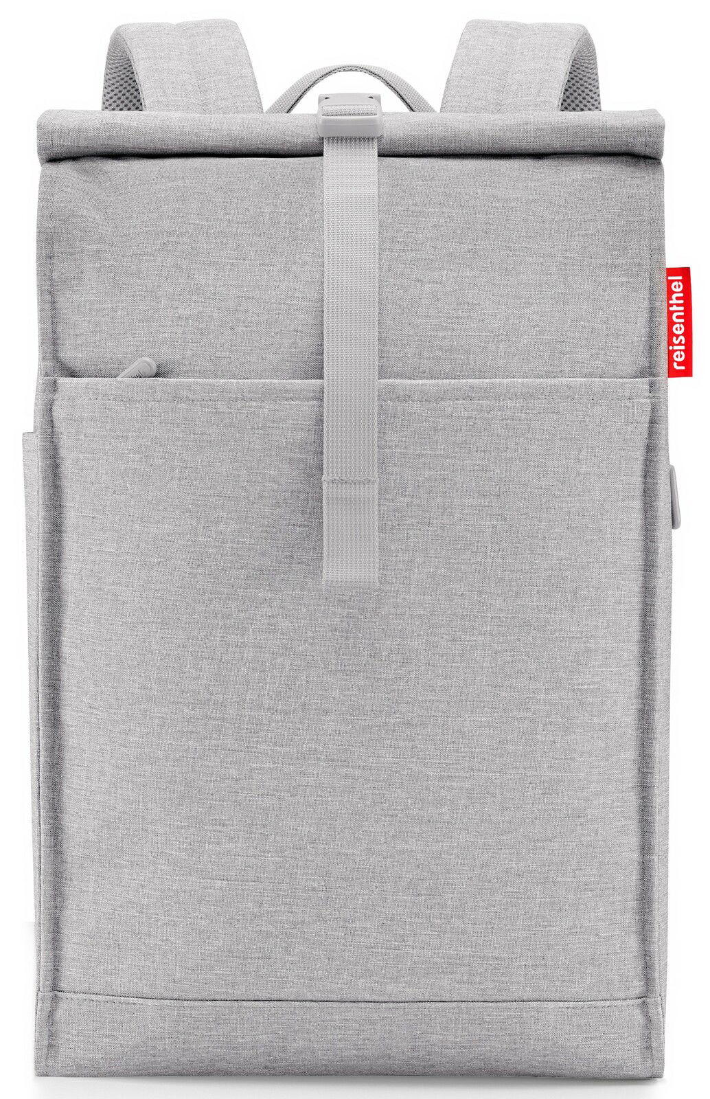 Grauer urbaner Rolltop-Rucksack von vorne mit rotem Markenetikett an der Seite