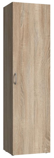 Mehrzweckschrank aus Holzoptik mit einer Tür und silbernem Griff, seitliche Perspektive