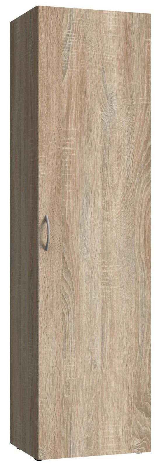 Mehrzweckschrank aus Holzoptik mit einer Tür und silbernem Griff, seitliche Perspektive