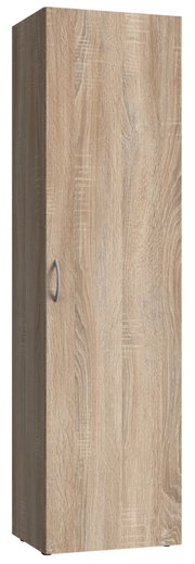 Mehrzweckschrank aus Holzoptik mit einer Tür und silbernem Griff, seitliche Perspektive