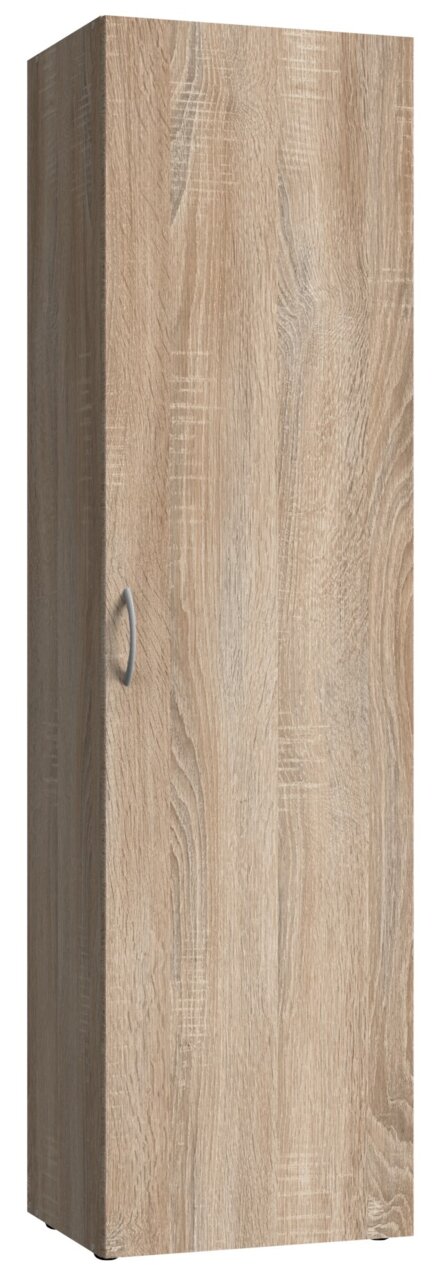 Mehrzweckschrank aus Holzoptik mit einer Tür und silbernem Griff, seitliche Perspektive