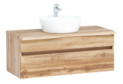 Waschtisch-Set aus Holz mit weißem Aufsatzwaschbecken, seitliche Perspektive