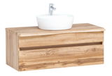 Waschtisch-Set aus Holz mit weißem Aufsatzwaschbecken, seitliche Perspektive