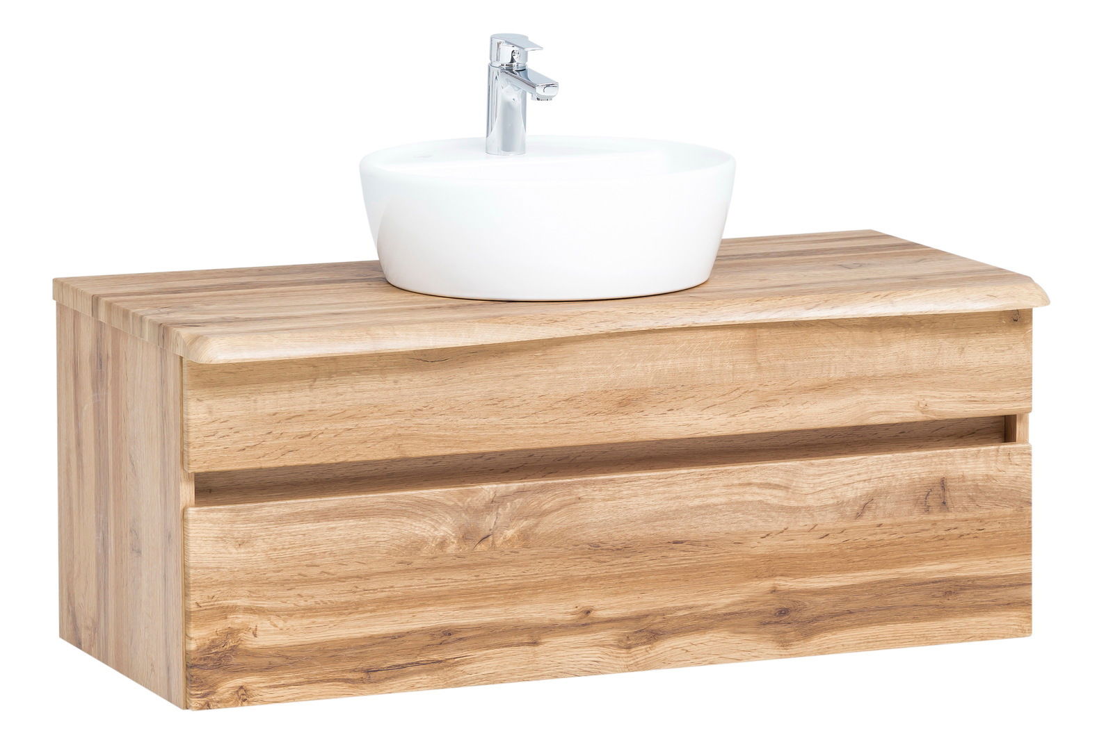 Waschtisch-Set aus Holz mit weißem Aufsatzwaschbecken, seitliche Perspektive