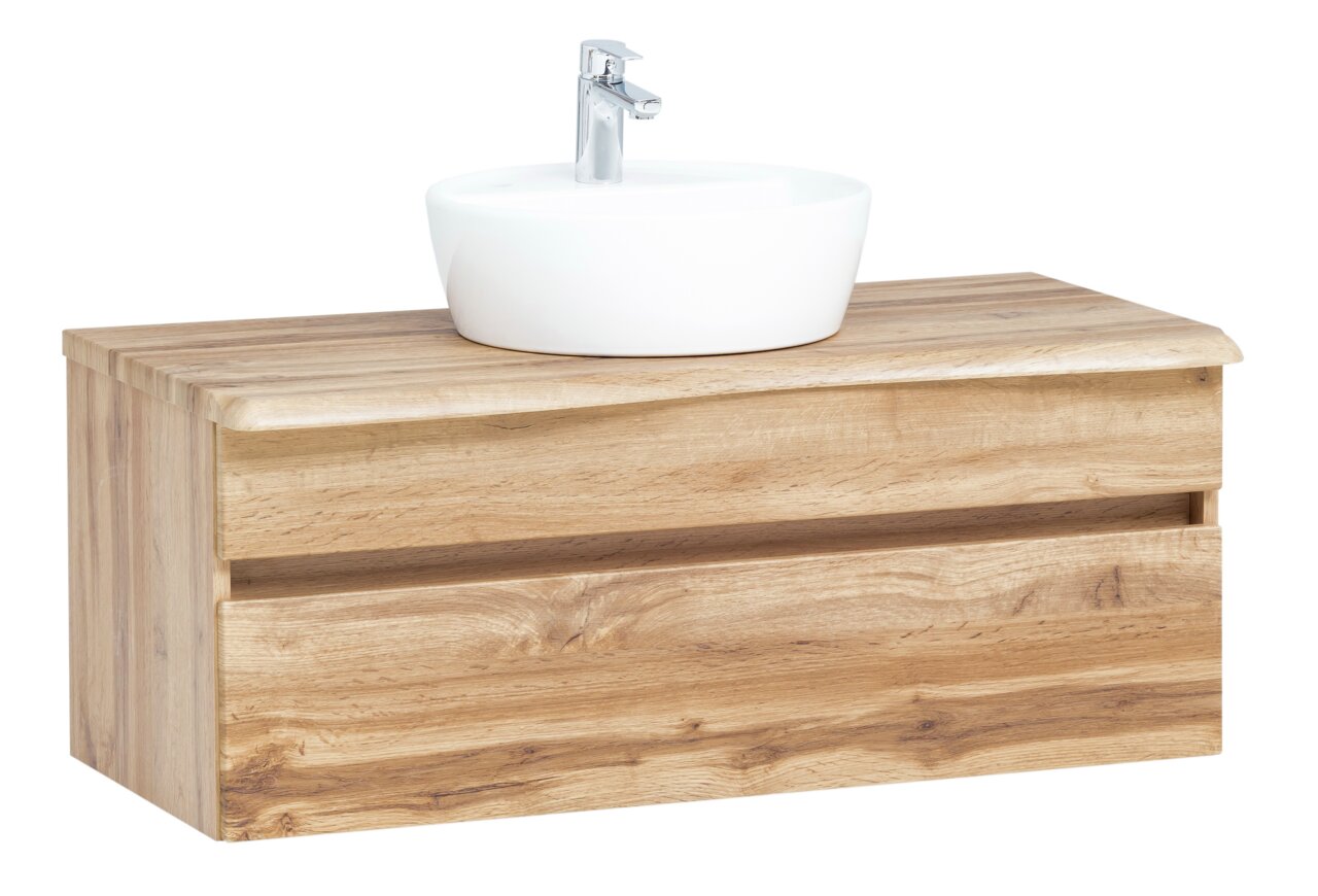 Waschtisch-Set aus Holz mit weißem Aufsatzwaschbecken, seitliche Perspektive