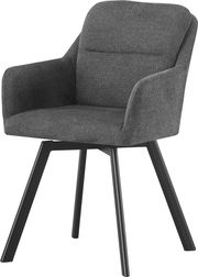 Gepolsterter Armlehnstuhl in dunkelgrauem Stoffbezug mit schwarzen, ausgestellten Beinen, schräg von vorne (3/4-Ansicht) freigestellt auf weißem Hintergrund