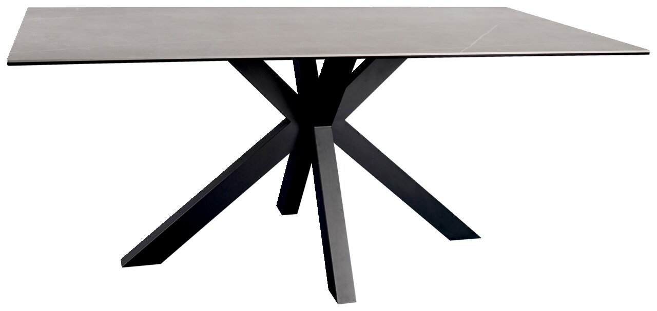 Moderner Esstisch mit rechteckiger Tischplatte und schwarzem, gekreuztem Metallgestell, seitliche Perspektive