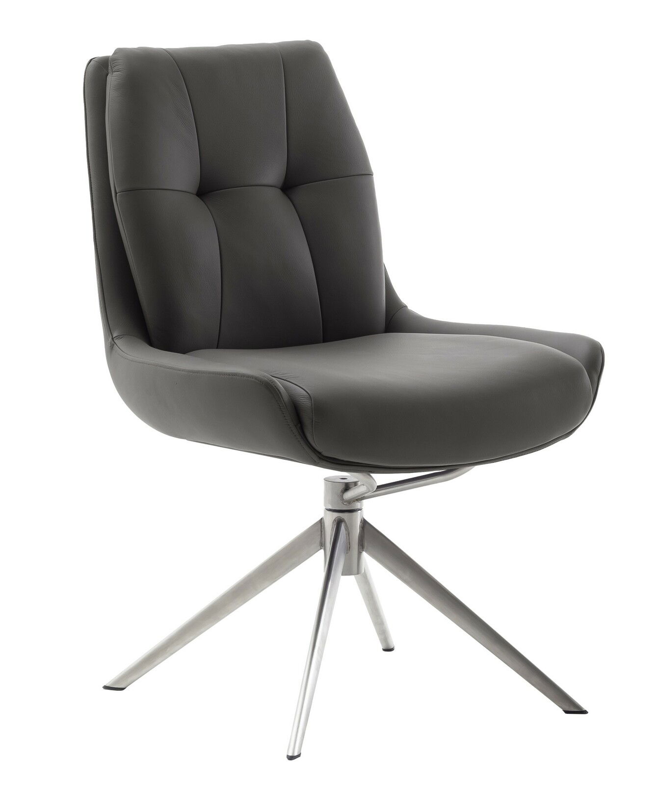 Zurbrüggen Stuhl ASSENTO Moderner Drehstuhl mit gepolstertem Sitz in dunklem Leder und Metallbeinen, seitliche Perspektive