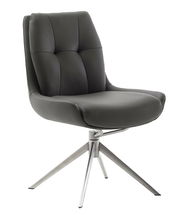 Moderner Drehstuhl mit gepolstertem Sitz in dunklem Leder und Metallbeinen, seitliche Perspektive