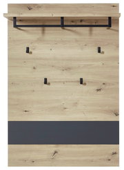 Garderobenpaneel aus Holz mit schwarzem Metallgestell, fünf Haken und einem Regalbrett, Frontalansicht