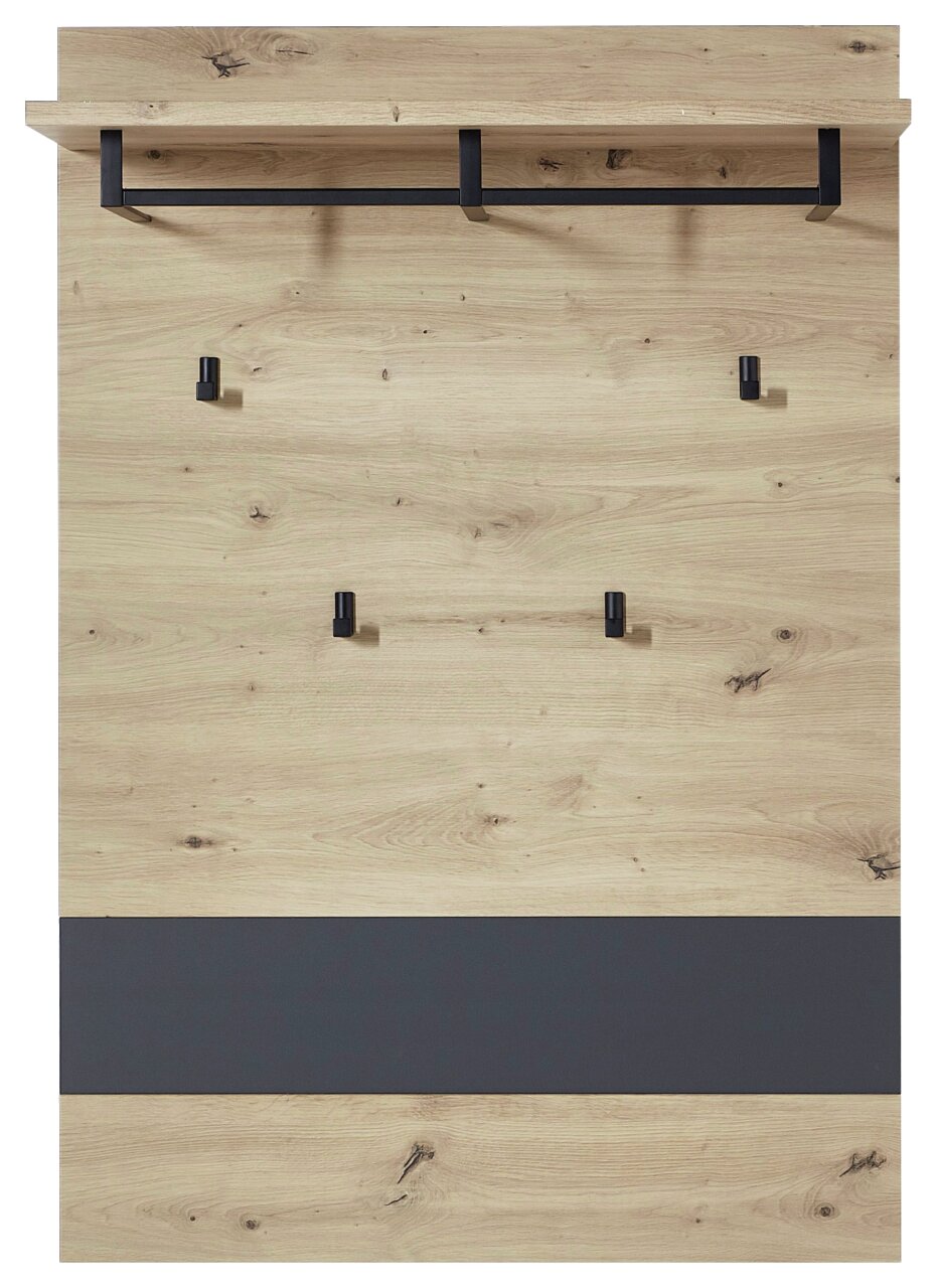 Garderobenpaneel aus Holz mit schwarzem Metallgestell, fünf Haken und einem Regalbrett, Frontalansicht