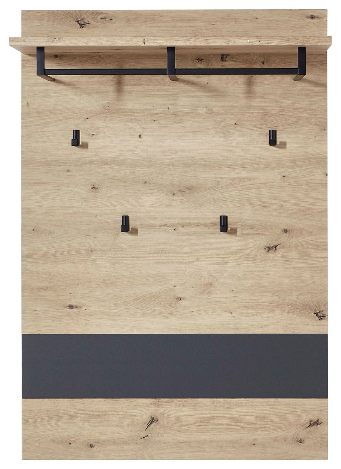 Garderobenpaneel aus Holz mit schwarzem Metallgestell, fünf Haken und einem Regalbrett, Frontalansicht