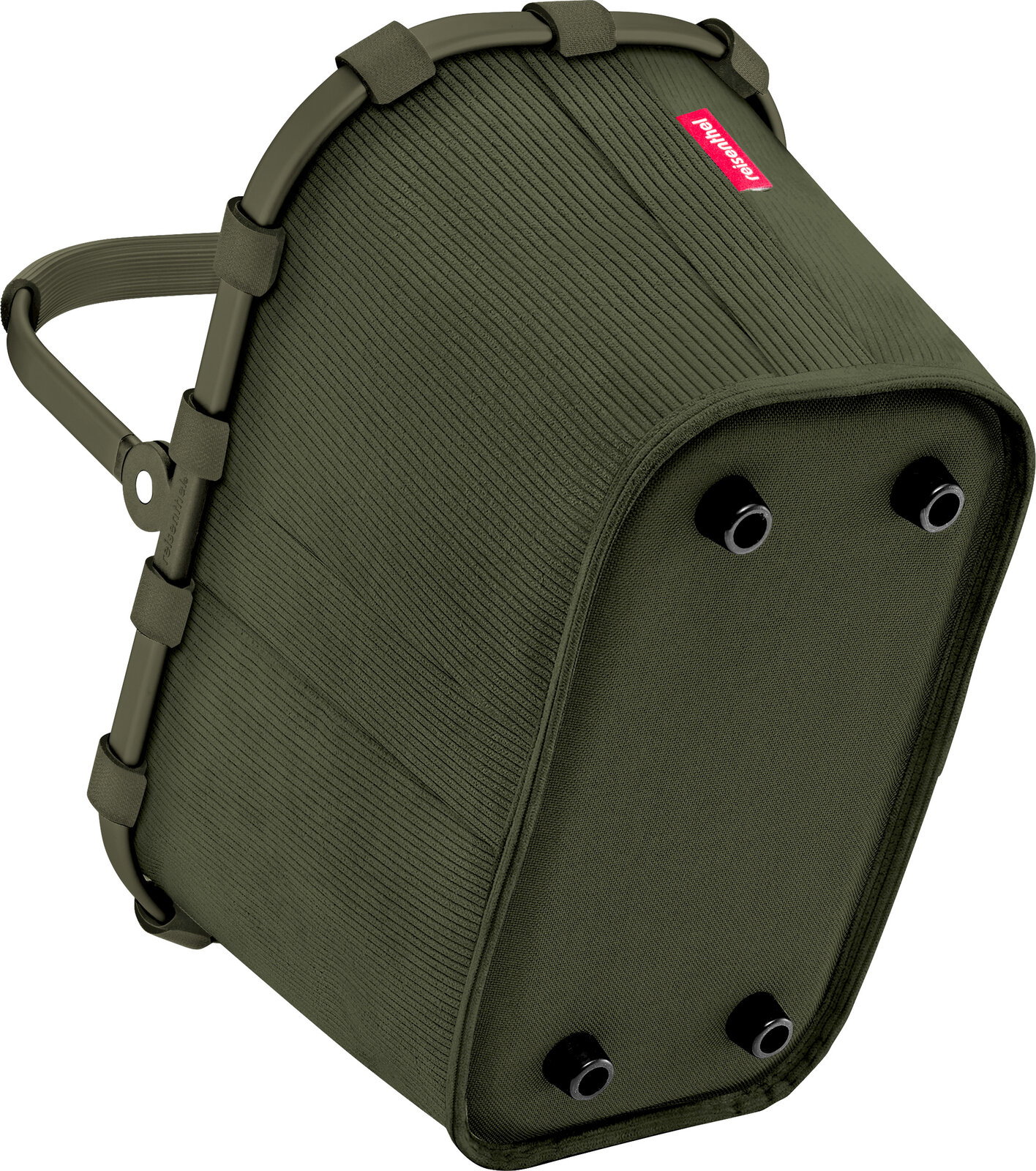 Olivgrüne Reisenthel Tasche/Organizer mit gerippter Stoffstruktur, umlaufendem Rahmen und Tragegriff, Seitenansicht schräg von oben auf weißem Hintergrund.