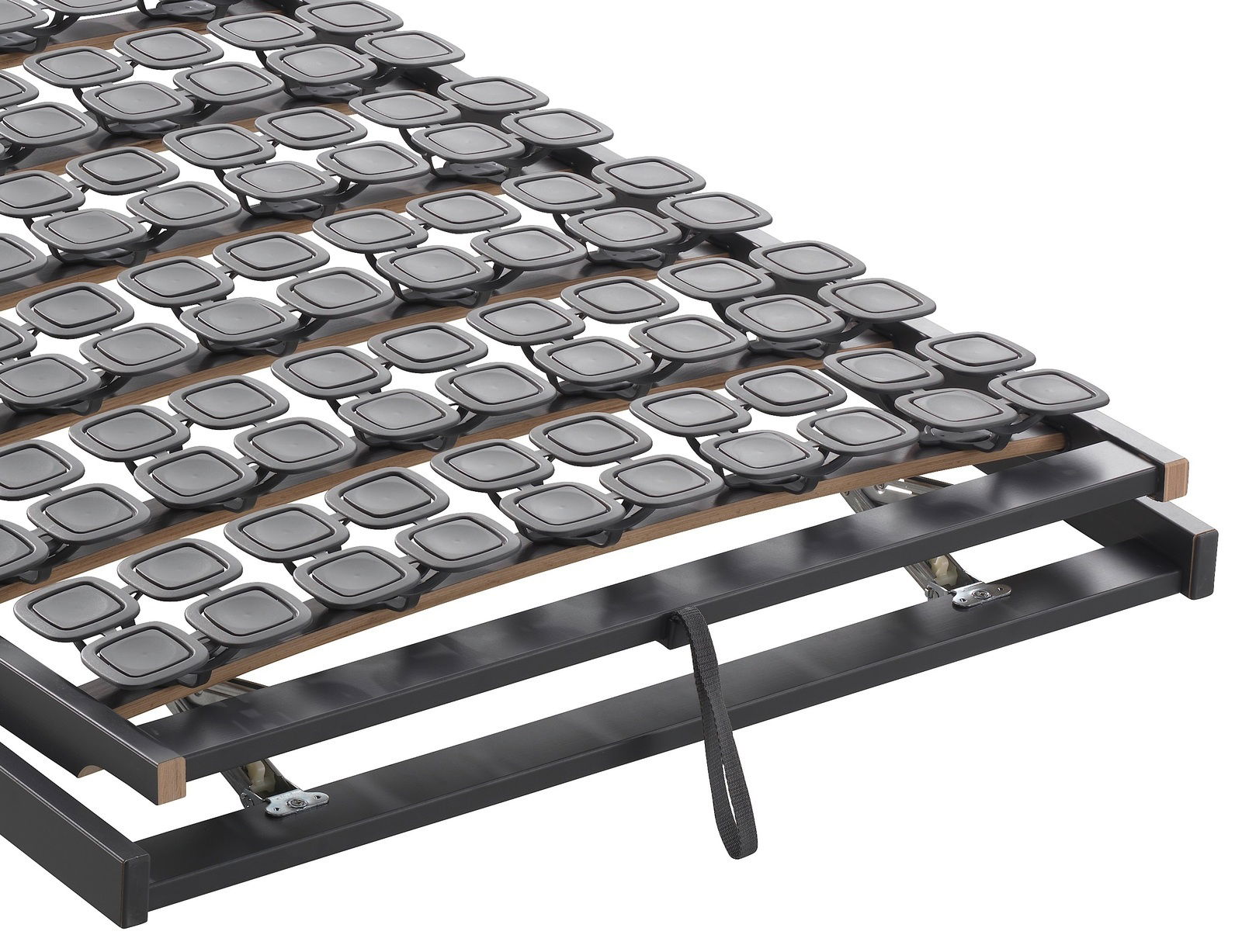 Federholzrahmen Flex KF in seitlicher Perspektive mit flexiblen Kunststoffelementen auf Holzleisten.