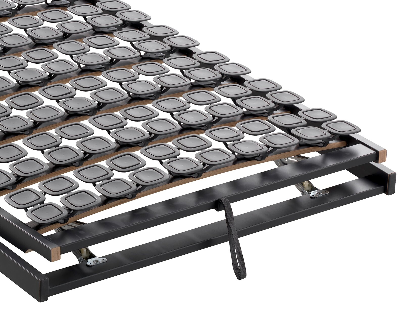 Federholzrahmen Flex KF in seitlicher Perspektive mit flexiblen Kunststoffelementen auf Holzleisten.