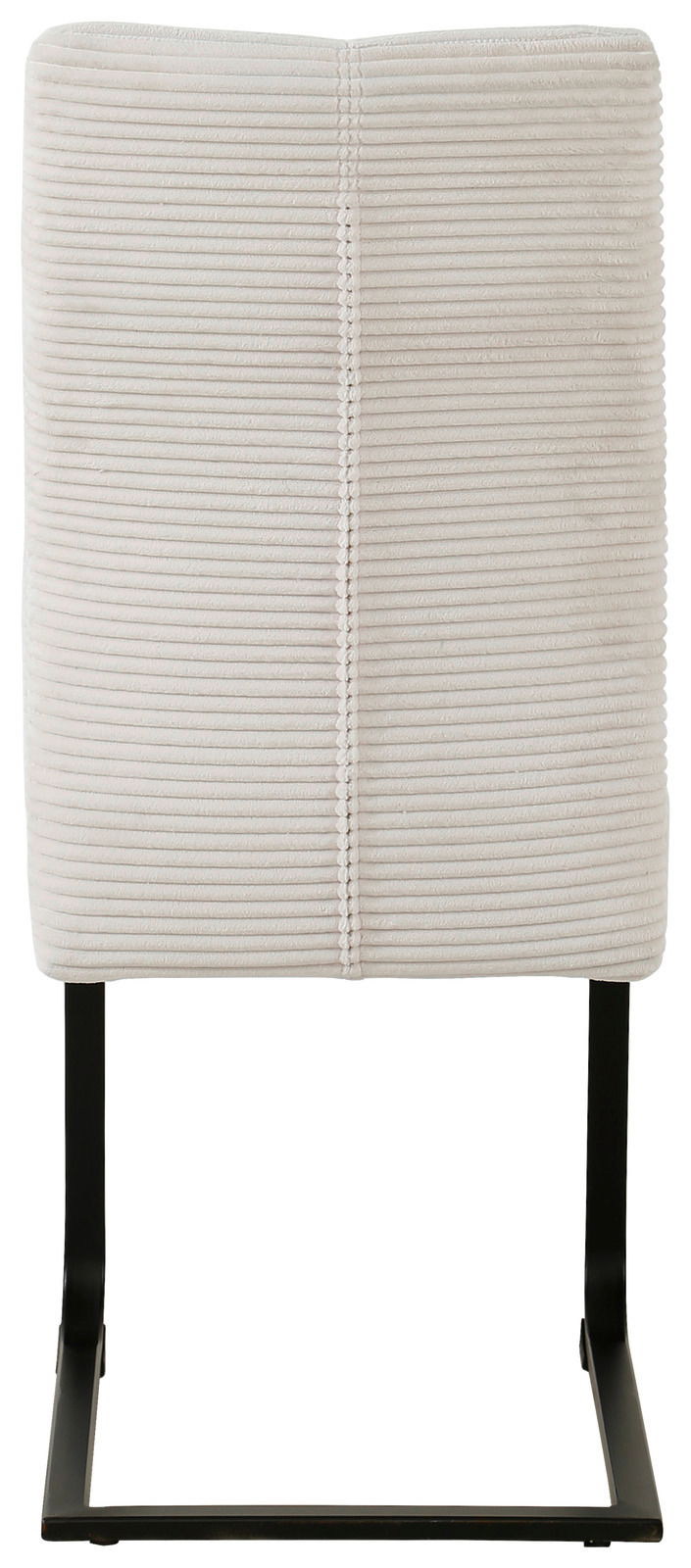 Rückansicht eines modernen Schwingstuhls mit cremefarbenem, geripptem Stoffbezug und schwarzem Metallgestell.