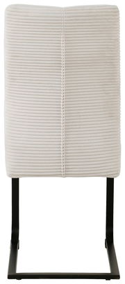 Rückansicht eines modernen Schwingstuhls mit cremefarbenem, geripptem Stoffbezug und schwarzem Metallgestell.