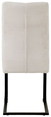 Rückansicht eines modernen Schwingstuhls mit cremefarbenem, geripptem Stoffbezug und schwarzem Metallgestell.