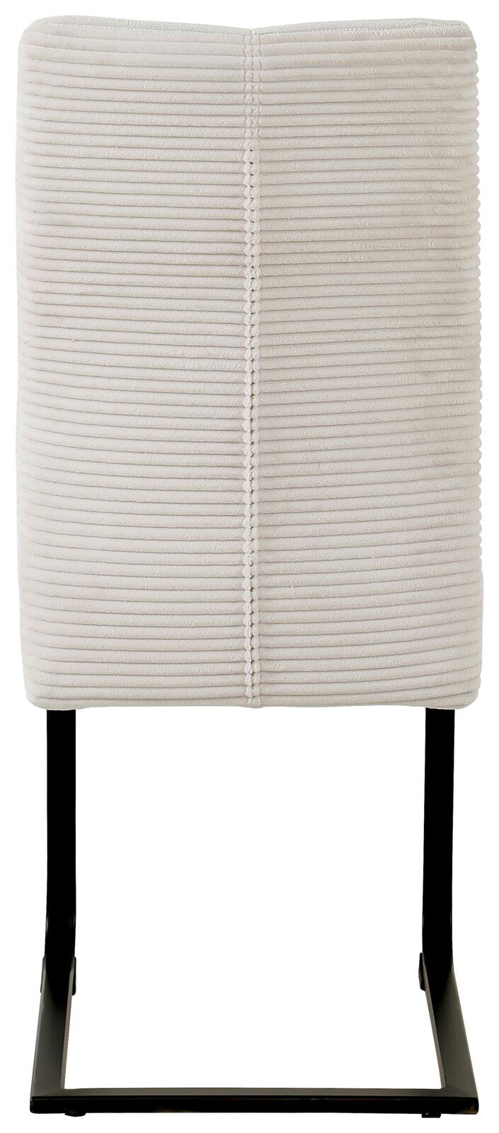 Rückansicht eines modernen Schwingstuhls mit cremefarbenem, geripptem Stoffbezug und schwarzem Metallgestell.