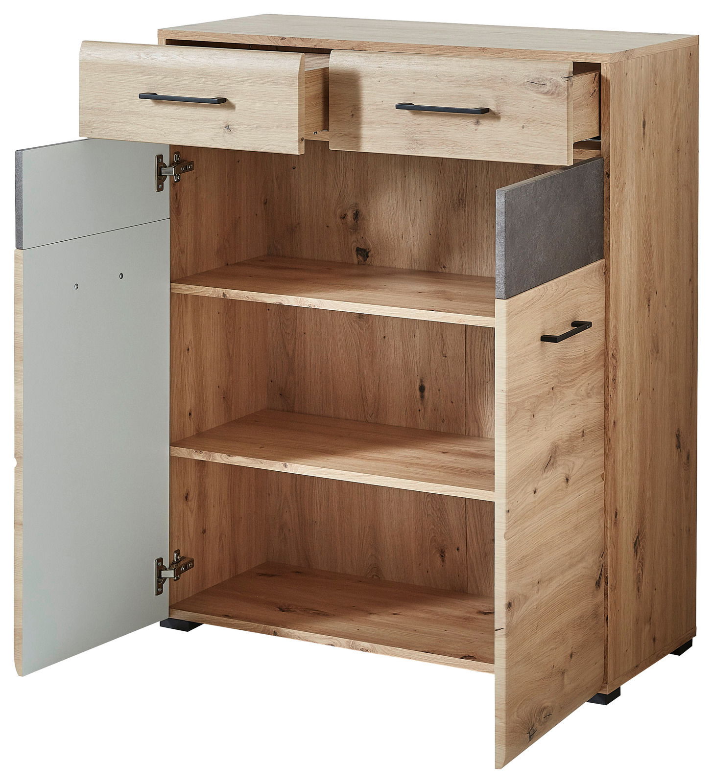 Holz-Garderobenschrank mit zwei offenen Schubladen und einer geöffneten Tür, die zwei Regalböden zeigt. Perspektive von vorne.