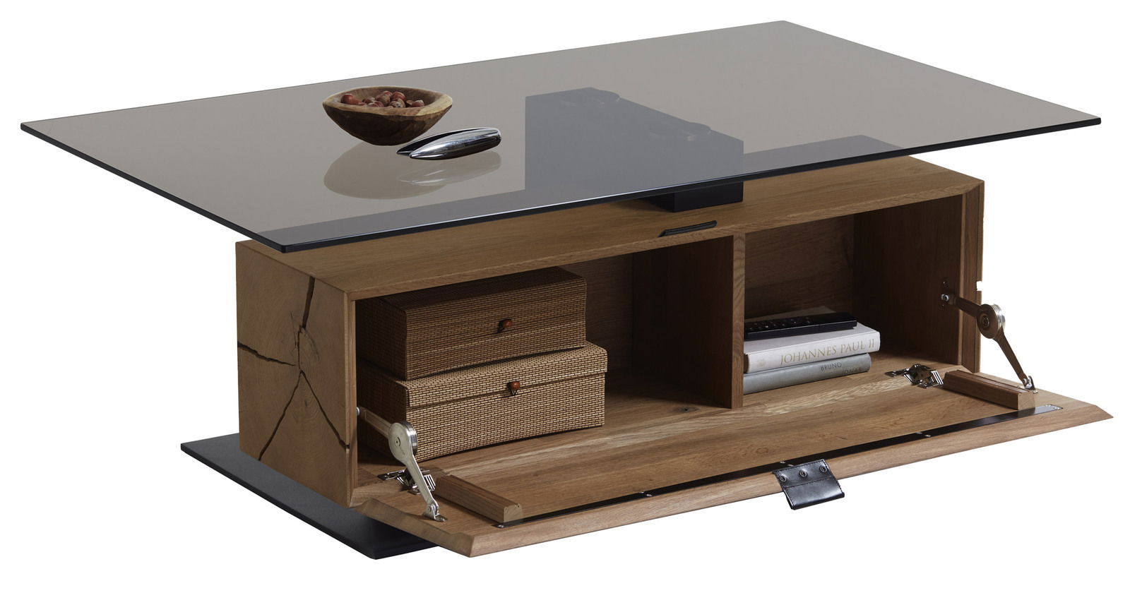 Moderner Couchtisch mit Glasplatte und Stauraum, seitliche Perspektive