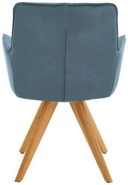 Rückansicht eines Design-Schalensessels mit blauer Polsterung und Holzbeinen.