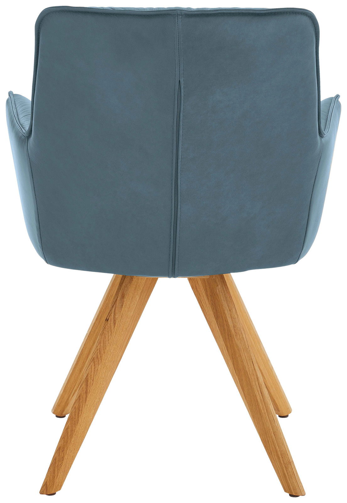 Rückansicht eines Design-Schalensessels mit blauer Polsterung und Holzbeinen.