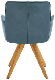 Rückansicht eines Design-Schalensessels mit blauer Polsterung und Holzbeinen.