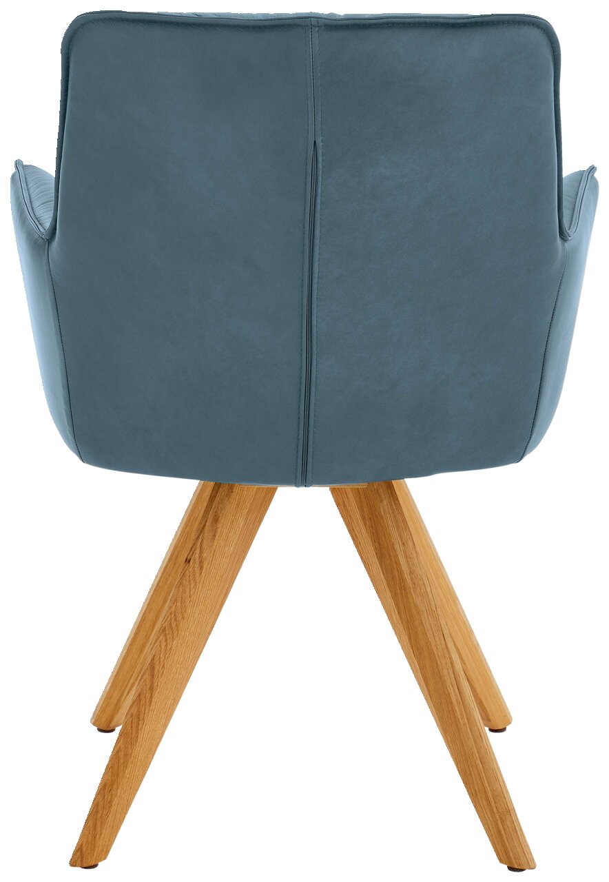 Rückansicht eines Design-Schalensessels mit blauer Polsterung und Holzbeinen.