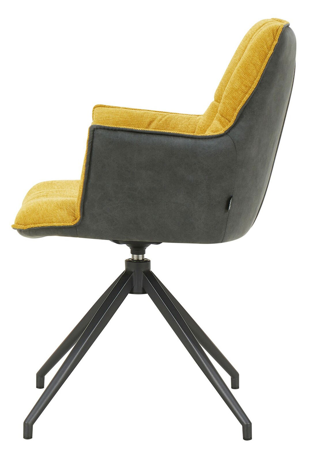 Moderner Sessel mit gelber Polsterung und schwarzem Gestell, Seitenansicht