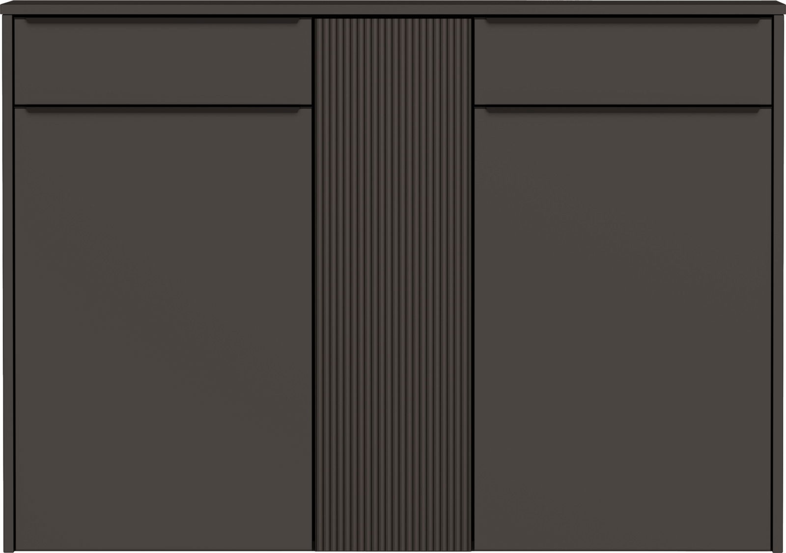 Frontansicht eines XL-Hängeschuhschranks in dunkler Farbe mit vertikalen Rillen in der Mitte.