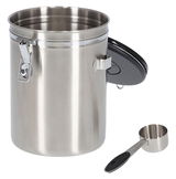 Edelstahl-Kaffeedose mit Löffel, geöffneter Deckel, seitliche Perspektive