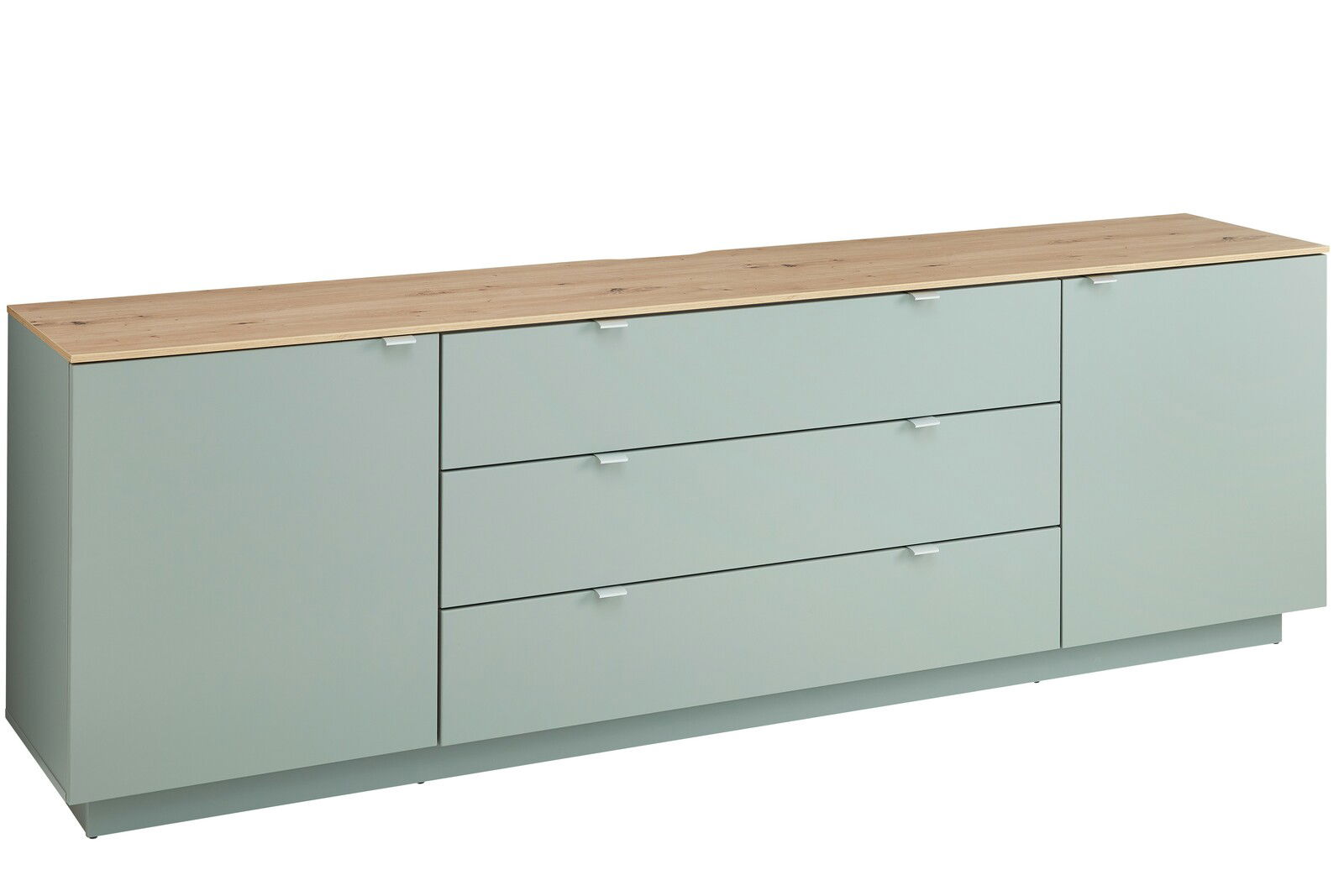 TV-Sideboard in hellem Holz und grauer Farbe, mit drei Schubladen und zwei Türen, seitliche Perspektive
